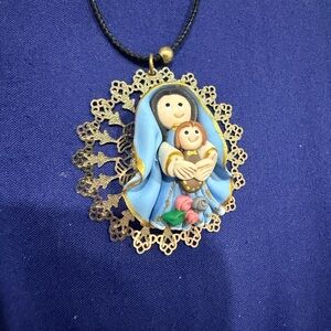 Handcrafted Religious Blue and Gold Pendant Necklace